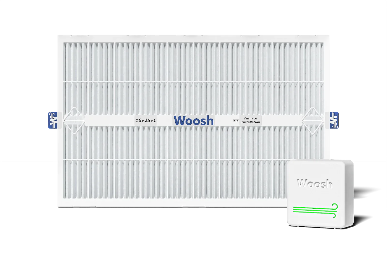 Woosh smart HVAC air filter in a 16 x 25 x 1 inch frame, shown with the white Woosh sensor puck in front of it