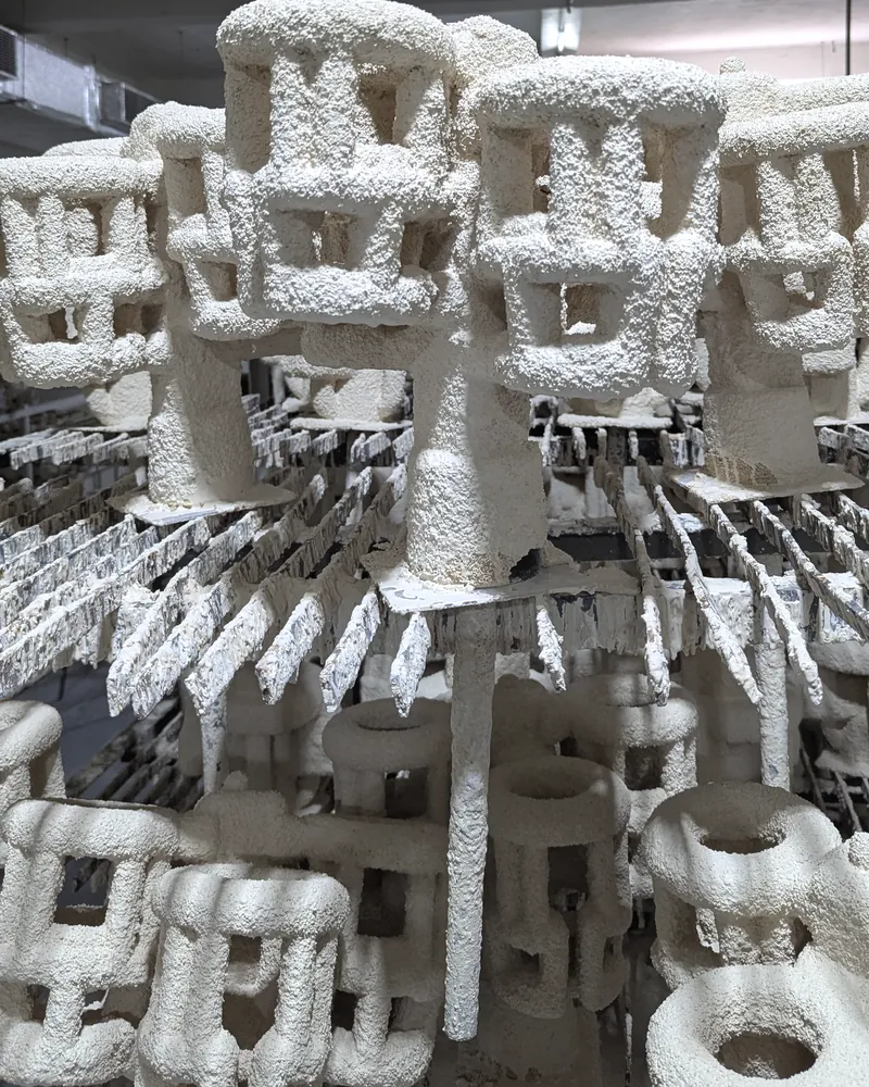 Rows of white ceramic shell moulds drying on racks in an investment-casting shop.